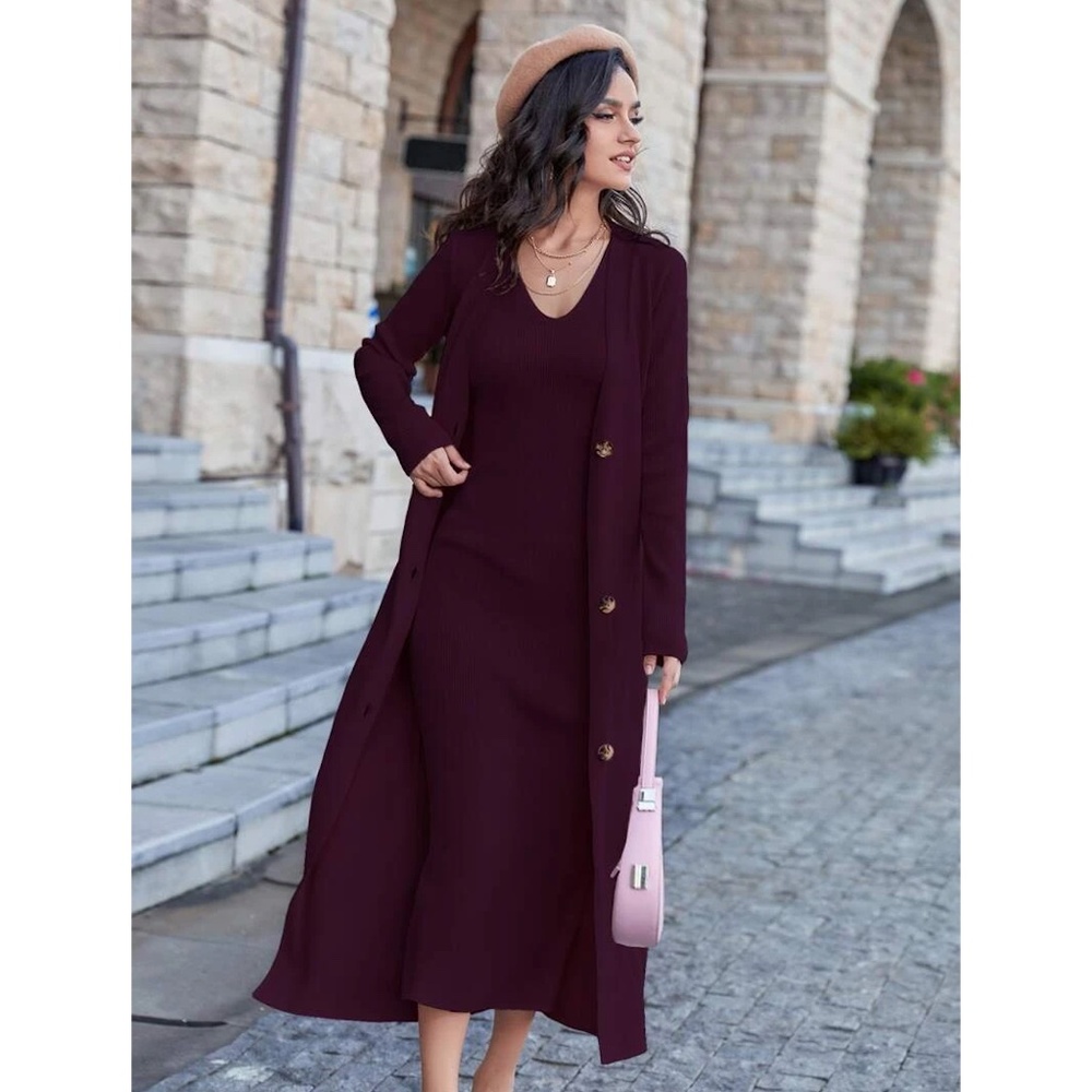 Maroon 2 Piece Set: Knit Midi Pencil Dress and Long Cardigan Button Through - Picture 1 of 15